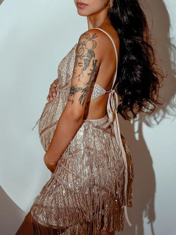 Champagne Sequin Tassel Tie Back Cami Backless V-neck Club Fashion Gatsby Maternity Photoshoot Baby Shower Party Mini Dress Maternity